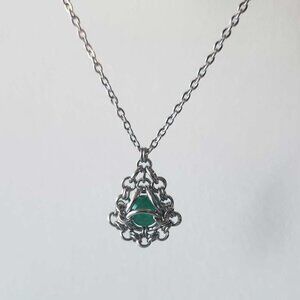 Vintage antique green teardrop necklace with a small silver chain
